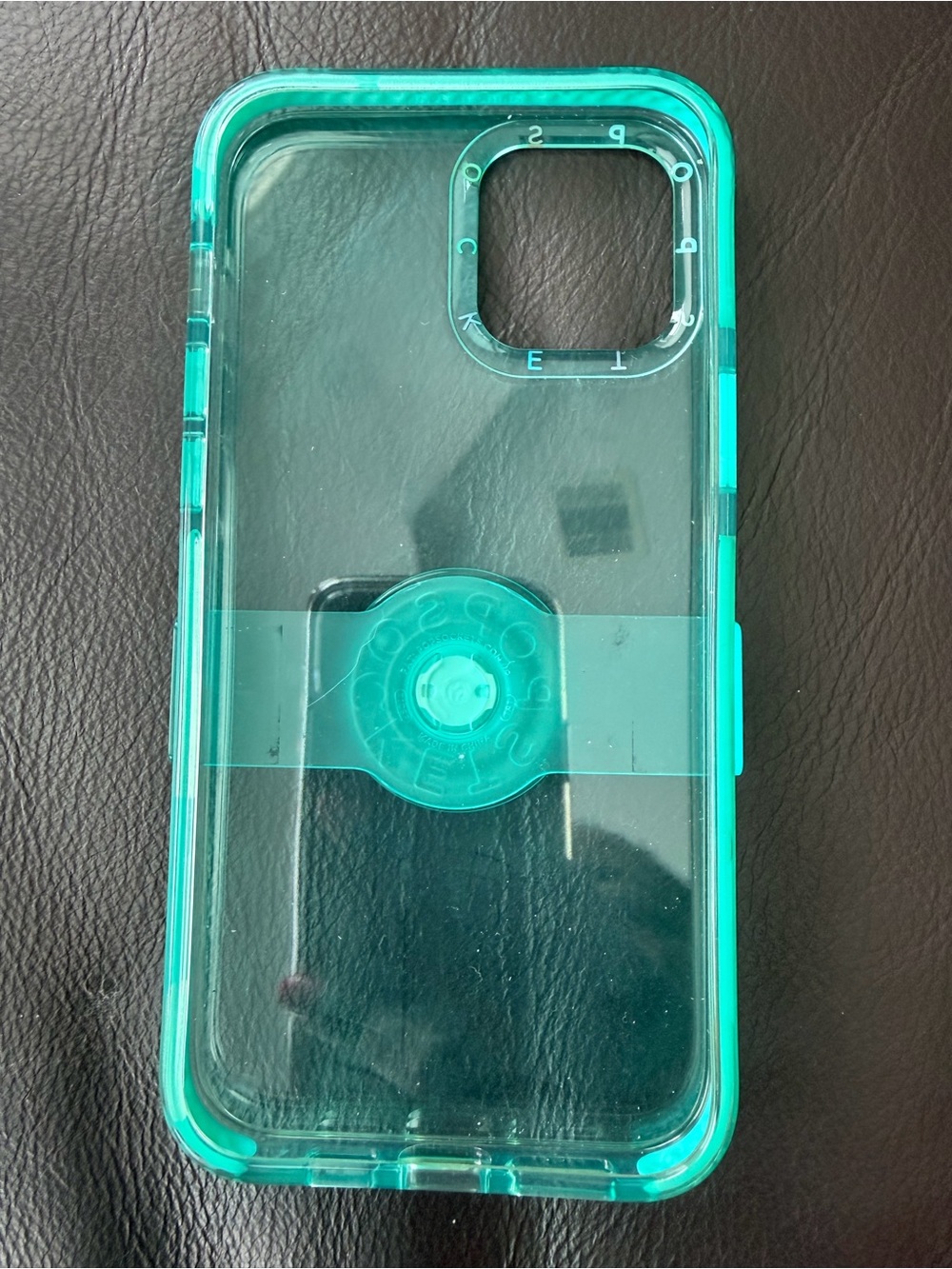Clear Teal Phone Case with Sliding Pop Socket Grip for iPhone 12 Pro Max